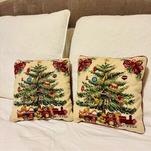 Pair Of Vintage Christmas Tree Needlepoint Pillows